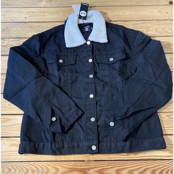 NWT Boohoo Blue Sherpa Collar Button Up Jacket Size 16 Women’s Black - Picture 1 of 9